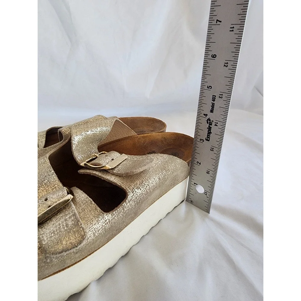 Plakton Bios Gold Metallic Glitter Platform Sandals Spain Buckle‎ Slides  38/7.5